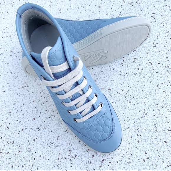 NIB Authentic Gucci Guccissima GG Leather Hightop Laceup Sneaker Blue 35.5 - Picture 3 of 7